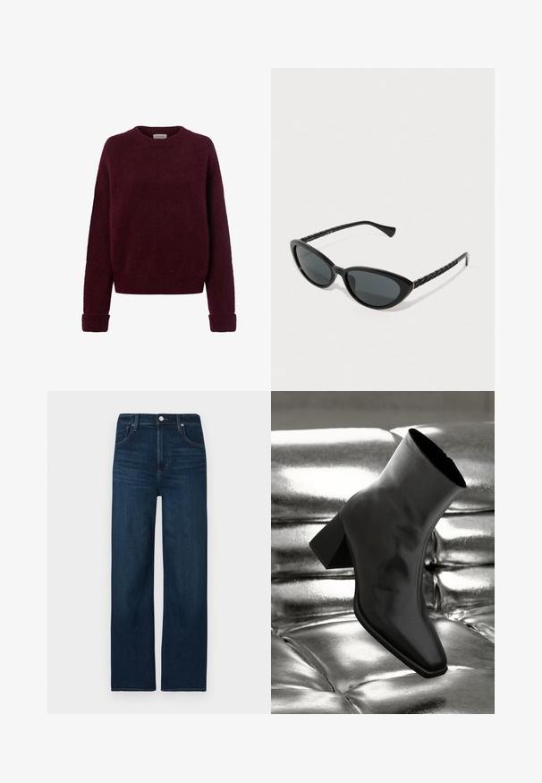 Bordeauxfärgad tröja gjord av mjukt, fluffigt material. Rundad hals, ribbade ärmslut och nederkant. Löst snitt med minimala sömmar som ger ett mysigt utseende.; Mörkblå jeans i denim med rak benen-design, utrustade med knapp- och dragkedje stängning, subtila sömnadsdetaljer och fem fickor.; Svarta ankelboots i glänsande material med fyrkantig tå och avsmalnande klack, placerade mot en glänsande silverfärgad vadderad bakgrund.; Svarta kattögon-solglasögon med mörkt tonade linser, som har texturerade svarta skalmar och en subtil guldaccent på ramen.; Röd mocka axelväska med en böjd form. Har en silverfärgad detalj och justerbar rem med hårdvarudetaljer. Slät textur.