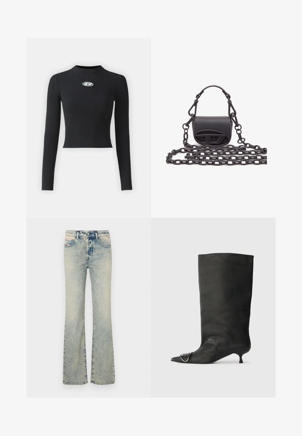 Črn rebrast dolg rokav s prilegajočim se silhuetom in okroglo izrezom. Ima osrednji srebrni detajl.; Svetlo modri razširjeni trije iz jeansa, z obliko petih žepov, podrobnostmi šivanja in običajnim pasom z gumbom.; Črne usnjene gležnjarje s koničastim nosom, majhno peto in kovinskim poudarkom na nosu. Gladka, mat tekstura po celotni površini.; Majhna črna ročna torbica iz gladke usnje, s zaobljeno obliko, logotipom na sprednji strani in strukturiranim verižnim ročajem.