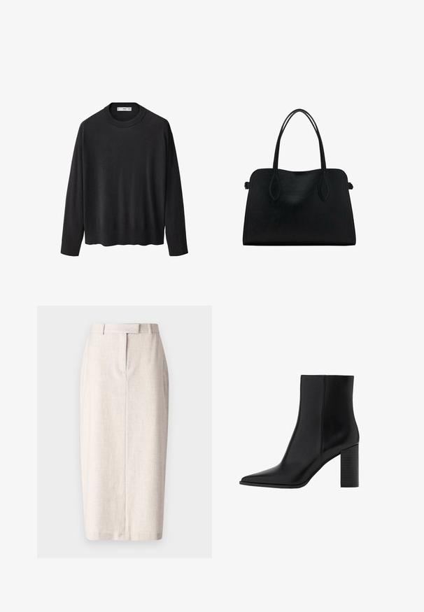 Črna pletena jopica z rebrastim ovratnikom, dolgimi rokavi in ravnim robom. Mehka tekstura, minimalistična zasnova in vsestranski slog.; Bež krilna suknja, krojena zasnova z čistimi linijami, izdelana iz teksturirane tkanine, z dolžino do kolen in zarezo na hrbtu.; Črne usnjene gležnjarje z ostrim nosom, kvadratno peto, gladko teksturo in šivi ob šivih. Pete merijo približno 3,5 palca.; Črna usnjena torbica z dvema naramnima trakoma, pravokotne oblike in minimalističnim dizajnom na beli podlagi.