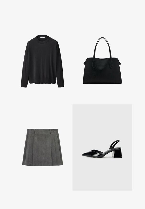 Maglione nero lavorato a maglia con scollatura a girocollo a coste, maniche lunghe e orlo dritto. Texture morbida, design minimalista e stile versatile.; Gonna grigia a pieghe realizzata in tessuto testurizzato, con strisce verticali, una vita con passanti per cintura e una silhouette a campana.; Décolleté in vernice nera con punta affusolata e tacco in geometria cubica. Presentano un design elegante e minimalista, con una texture liscia.; Borsa a mano in pelle nera con doppio manico, forma rettangolare e design minimalista su sfondo bianco.