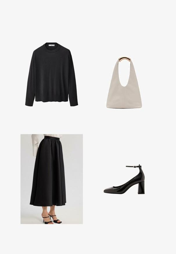 Črna pletena jopica z rebrastim ovratnikom, dolgimi rokavi in ravnim robom. Mehka tekstura, minimalistična zasnova in vsestranski slog.; Črna dolga krila iz gladkega materiala, ki imajo zbrano pasnico in sproščen dizajn, kombinirana s črnimi sandali na peto.; Črne lakaste čevlje z ankel trakom, sijajne površine, s koničastim nosom in debelim blok peto. Gladka tekstura, minimalni detajli.; Svetlo siva usnjena torba z U-oblika zasnovo in ukrivljenim kovinskim ročajem. Gladka tekstura z minimalnim šivom in brez vidnih vzorcev.