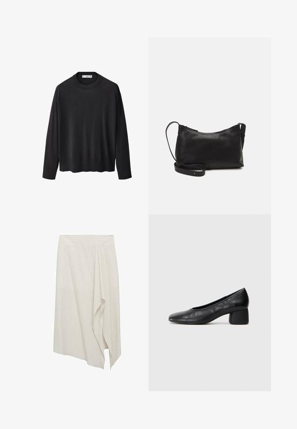 Zwarte gebreide trui met een ribbelkraag, lange mouwen en een rechte zoom. Zachte textuur, minimalistisch ontwerp en veelzijdige stijl.; Asymmetrische witte rok met lichte verticale strepen, gekenmerkt door een gedrapeerd ontwerp en een gladde stofstructuur. Eenvoudige tailleband, niet versierd.; Zwarte leren pump met een ronde neus en een middenblokhak. Glad textuur met minimale details, voorzien van een subtiele elastische opening.; Zwarte leren schoudertas met een gladde textuur, gebogen vorm, verstelbare schouderband en een ritsafsluiting. Minimalistisch ontwerp zonder versieringen.