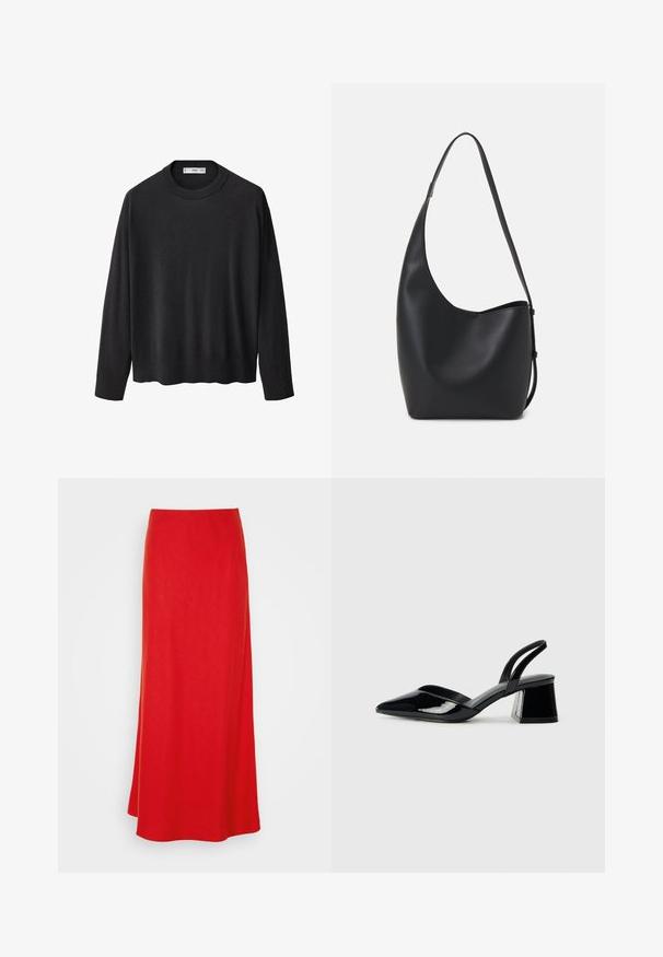 Černý pletený svetr s vroubkovaným kulatým výstřihem, dlouhými rukávy a rovnými lemy. Měkká textura, minimalistický design a univerzální styl.; Červená maxi sukně s hladkou texturou, vysokým pasem a splývavým střihem. Má jednobarevný design bez vzorů či ozdob.; Černé lakované kožené lodičky na pásku s špičatou špičkou a geometrickým blokovým podpatkem. Vyznačují se elegantním, minimalistickým designem a hladkým povrchem.; Černá kožená hobo taška s hladkým povrchem, zakřiveným tvarem a jedním nastavitelným popruhem; má široké otevírání nahoře.