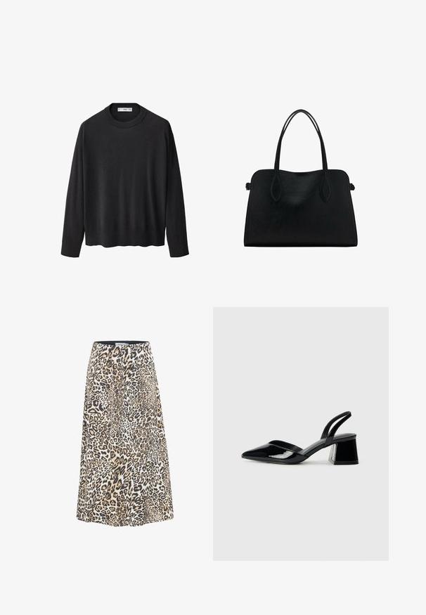 Mustana neulottuna neuleena, jossa on ribbireunuksellinen pyöreä kaula-aukko, pitkät hihat ja suora helma. Pehmeä tekstuuri, minimalistinen muotoilu ja monikäyttöinen tyyli.; Hame hihnaa leopardi kuviointi, jossa on levenevä muotoilu ja sävyjä vaaleasta ruskeasta, mustasta ja kermasta. Valmistettu pehmeästä, kevyestä kankaasta, jossa on vyötärökaulus.; Mustat patentoitu nahkakengät, joissa on säären takaosa ja terävä kärki, sekä geometrinen palikkakorko. Sisältää tyylikkään, minimalistisen muotoilun ja sileän pinnan.; Mustavihreä nahkalaukku, jossa on kaksinkertaiset olkahihnat, suorakaiteen muotoinen ja minimalistinen muotoilu valkoisella taustalla.