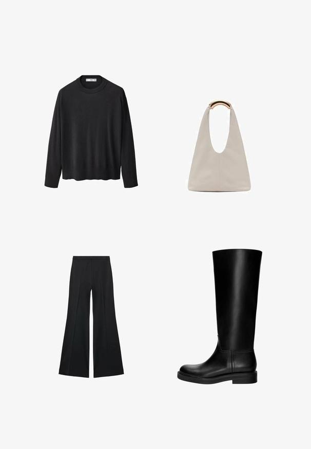 Maglione nero lavorato a maglia con scollatura a girocollo a coste, maniche lunghe e orlo dritto. Texture morbida, design minimalista e stile versatile.; Pantaloni neri a gamba larga con una texture liscia, caratterizzati da pieghe frontali e un design sartoriale. Il tessuto è leggero e fluido.; Stivale in pelle nera al ginocchio con una texture liscia, punta rotonda, design sobrio e tacco a blocco basso. Nessuna hardware o motivo visibile.; Borsa in pelle grigio chiaro con design a forma di U e manico metallico curvo. Texture liscia con cuciture minime e senza motivi visibili.