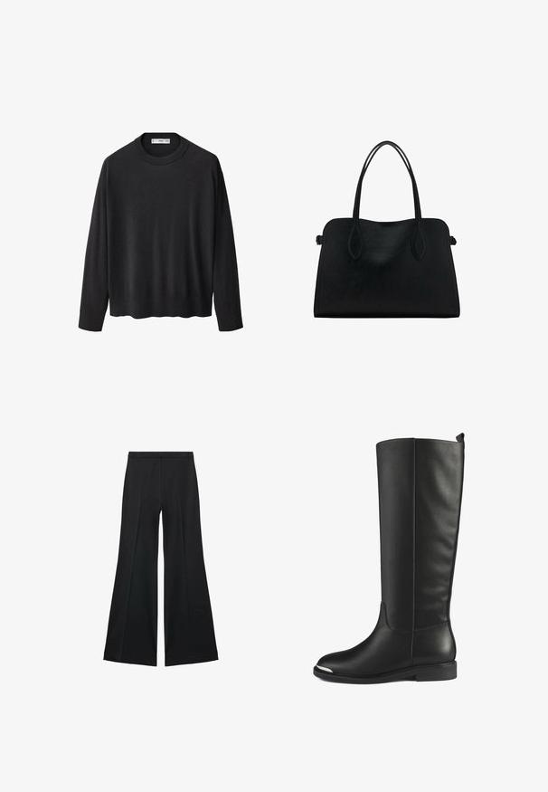 Pull en tricot noir avec un col rond côtelé, des manches longues et un ourlet droit. Texture douce, design minimaliste et style polyvalent.; Pantalons larges noirs avec une texture lisse, présentant des plis sur le devant et un design ajusté. Le tissu est léger et fluide.; Bottes en cuir noir montantes avec une texture lisse, bout rond et accent en argent sur le bout. Dotées d'un talon bas et plat et d'un design sans couture.; Sac à main en cuir noir avec deux anses, de forme rectangulaire et au design minimaliste sur un fond blanc.