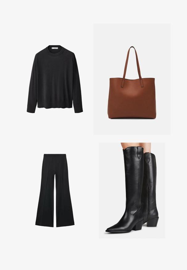 Černý pletený svetr s vroubkovaným kulatým výstřihem, dlouhými rukávy a rovnými lemy. Měkká textura, minimalistický design a univerzální styl.; Černé kalhoty s širokými nohavicemi a hladkou texturou, s předními sklady a přizpůsobeným střihem. Materiál je lehký a splývavý.; Černé kožené boty až ke kolenům s špičatou špičkou, čtvercovým podpatkem a dekorativním prošíváním. Boční zip a poutko na horní části pro snadné obouvání.; Hnědá kožená taška přes rameno s hladkou texturou, otevřeným designem a dvěma ramenními popruhy. Obsahuje minimální švy a žádné viditelné kovové prvky.