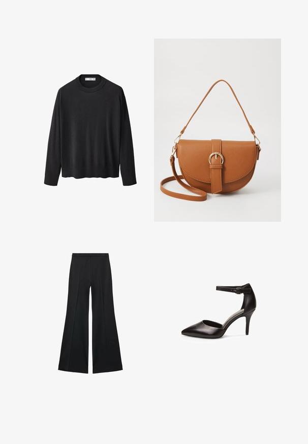 Čierny pletený sveter s rebrovaným okrúhlym výstrihom, dlhými rukávmi a rovnom lemovaním. Mäkka textúra, minimalistický dizajn a univerzálny štýl.; Čierne široké nohavice s hladkou textúrou, s prednými záhybmi a elegantným strihom. Materiál je ľahký a pruhlý.; Čierna kožená vysoká podpätková topánka s špicatou špičkou, členkovým páskom a štíhlym podpätkom. Hladká textura a minimálne hardvérové detaily.; Hnedá kožená kabelka cez telo s zakriveným tvarom, zlatými kovovými doplnkami a akcentom s prackou. Obsahuje odnímateľný ramenný popruh.