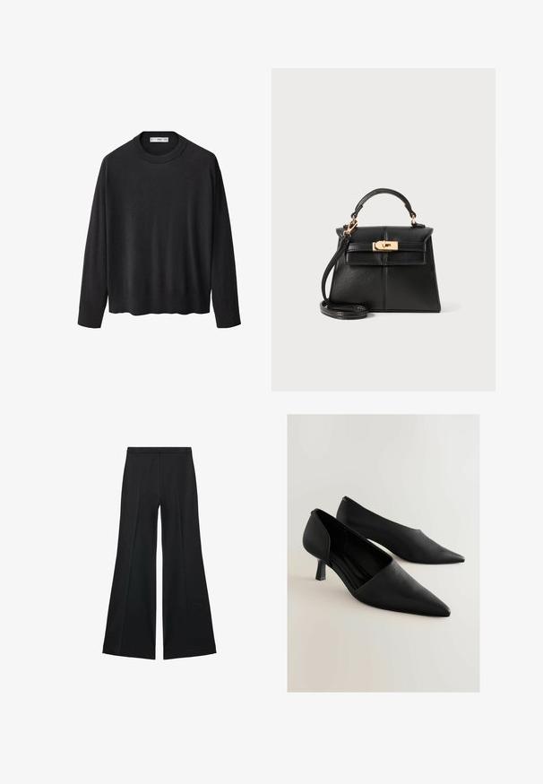 Pull en tricot noir avec un col rond côtelé, des manches longues et un ourlet droit. Texture douce, design minimaliste et style polyvalent.; Pantalons larges noirs avec une texture lisse, présentant des plis sur le devant et un design ajusté. Le tissu est léger et fluide.; Chaussures noires en cuir à talons hauts avec un bout pointu, présentant un design minimaliste et un petit talon carré. Texture lisse et silhouette épurée.; Sac à main en cuir noir au design structuré, avec anses supérieures, une bandoulière amovible et des garnitures en ton doré sur une fermeture magnétique.
