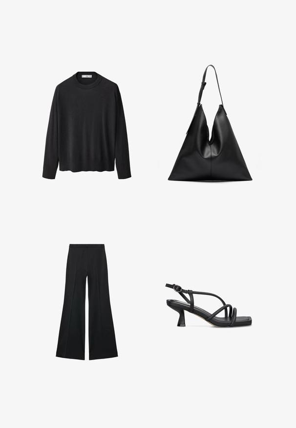 Zwarte gebreide trui met een ribbelkraag, lange mouwen en een rechte zoom. Zachte textuur, minimalistisch ontwerp en veelzijdige stijl.; Zwarte wijde-pijpen broek met een gladde textuur, gekenmerkt door voorplooien en een op maat gemaakte uitstraling. De stof is lichtgewicht en vloeiend.; Zwarte leren sandalen met hakken, met een vierkante neus, een delicate bandjesontwerp en een bescheiden gebogen stilettohak. Gespsluiting bij de enkel.; Zwarte leren driehoekige handtas met een enkele verstelbare schouderriem en een zachte, iets slappe structuur.