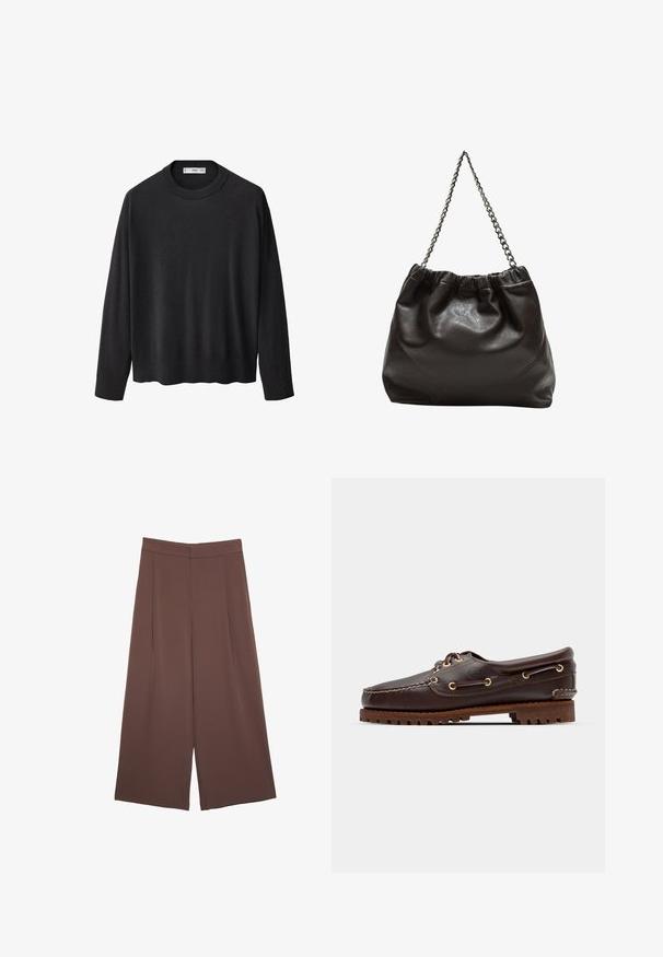 Schwarzer Strickpullover mit geripptem Rundhalsausschnitt, langen Ärmeln und geradem Saum. Weicher Textur, minimalistisches Design und vielseitiger Stil.; Braune Weite-Leg-Hosen mit einer glatten Textur, hoher Taille und Vorderfalten. Der Stoff ist leicht und fällt locker.; Braune Lederbootsschuhe mit goldenen Ösen, runden Schnürsenkeln und einer strukturierten braunen Gummisohle. Verfügt über genähte Details und ein erhabenes Logo.; Braune Lederhandtasche mit gerafftem Oberteil und Kettenriemen. Glatte Textur mit glänzendem Finish und subtilen Nahtdetails an den Seiten.