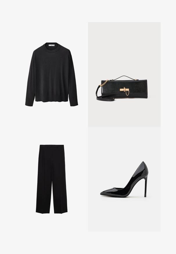 Maglione nero lavorato a maglia con scollatura a girocollo a coste, maniche lunghe e orlo dritto. Texture morbida, design minimalista e stile versatile.; Pantaloni neri a gamba larga in tessuto morbido, con pieghe nella parte frontale e tasche laterali, progettati con una linea dritta e comoda.; Call it Spring MESMERIZE - Decolleté - other black; Borsa a pochette nera con finitura testurizzata, tracolla in catena dorata e chiusura a fermaglio. Forma rettangolare con un design elegante e minimalista.