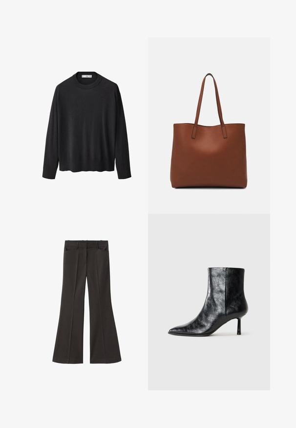 Czarny sweter dzianinowy z prążkowanym okrągłym dekoltem, długimi rękawami i prostym dołem. Miękka faktura, minimalistyczny design i wszechstronny styl.; Czarne spodnie z szerokimi nogawkami i wysokim stanem; posiadają dwie przednie kieszenie oraz gładką teksturę materiału. Idealne na różne okazje.; Czarny skórzany botek za kostkę z szpiczastym noskiem i cienkim, krótkim obcasem. Posiada fakturowaną powierzchnię oraz elegancki design z bezszwowym boku.; Brązowa skórzana torba tote o gładkiej fakturze, z otwartym wierzchem i dwoma ramiączkami. Charakteryzuje się minimalnym przeszyciem i brakiem widocznych elementów metalowych.