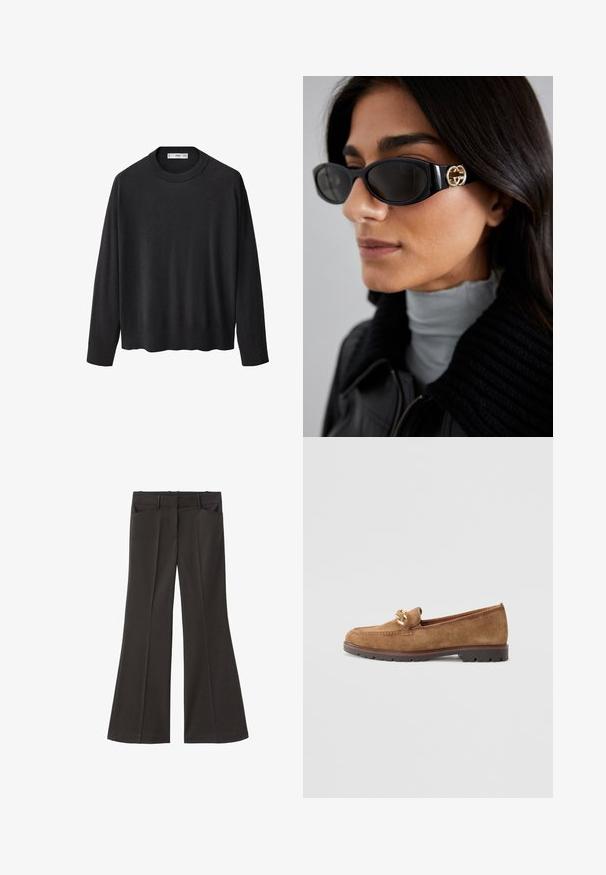 Pull en tricot noir avec un col rond côtelé, des manches longues et un ourlet droit. Texture douce, design minimaliste et style polyvalent.; Pantalons évasés noirs à taille haute ; dotés de deux poches avant et d'une texture de tissu lisse. Adaptés à diverses occasions.; Tamaris Chaussons - camel; Lunettes de soleil noires avec une monture rectangulaire élégante et un accent logo doré sur le côté. Les verres sombres et la finition brillante sont proéminents.; Sac fourre-tout en daim noir avec une texture lisse, une forme structurée et des coutures contrastantes. Il dispose de longues poignées pour le port à l'épaule.; Ensemble de cinq boucles d'oreilles en or, avec des designs variés : surfaces torsadées, striées et lisses en formes de créoles et de croissants.