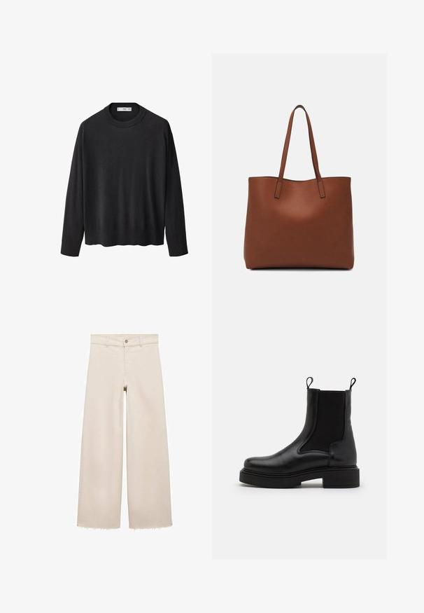 Crna pletena jakna s rebrastim okruglim izrezom, dugim rukavima i ravnim rubom. Mekana tekstura, minimalistički dizajn i svestran stil.; Bež traperice širokih nogavica s visokim strukom, s kopčanjem na gumb, prednjim džepovima i strganim rubovima. Izrađene od trapera.; Crne kožne gležnjače s elastičnim bočnim panelima i ušicama za povlačenje, koje imaju debeli crni potplat i glatku površinu.; Smeđa kožna torba preko ramena s glatkom teksturom, otvorenim vrhom i dvjema naramenicama. Ima minimalne šavove i nema vidljivog hardvera.