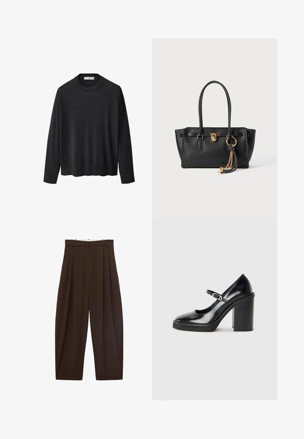 Mustana neulottuna neuleena, jossa on ribbireunuksellinen pyöreä kaula-aukko, pitkät hihat ja suora helma. Pehmeä tekstuuri, minimalistinen muotoilu ja monikäyttöinen tyyli.; Ruskeat korkeavyötäröiset housut, joissa on laskokset, valmistettu sileästä kankaasta. Rentoa istuvuutta, suora lahjemuoto, varustettu vyölenkeillä ja vetskarilla.; Musta lakattu nahkainen korkokenkä, jossa on pyöreä kärki, nilkkalenkki, hopeinen solki ja paksu loiva korko.; Musta nahkainen käsilaukku, jossa on kaksinkertaiset kahvat, kultainen lukko ja ketjuyksityiskohta, sekä musta-valkoinen tupsu koriste, valkoista taustaa vasten.