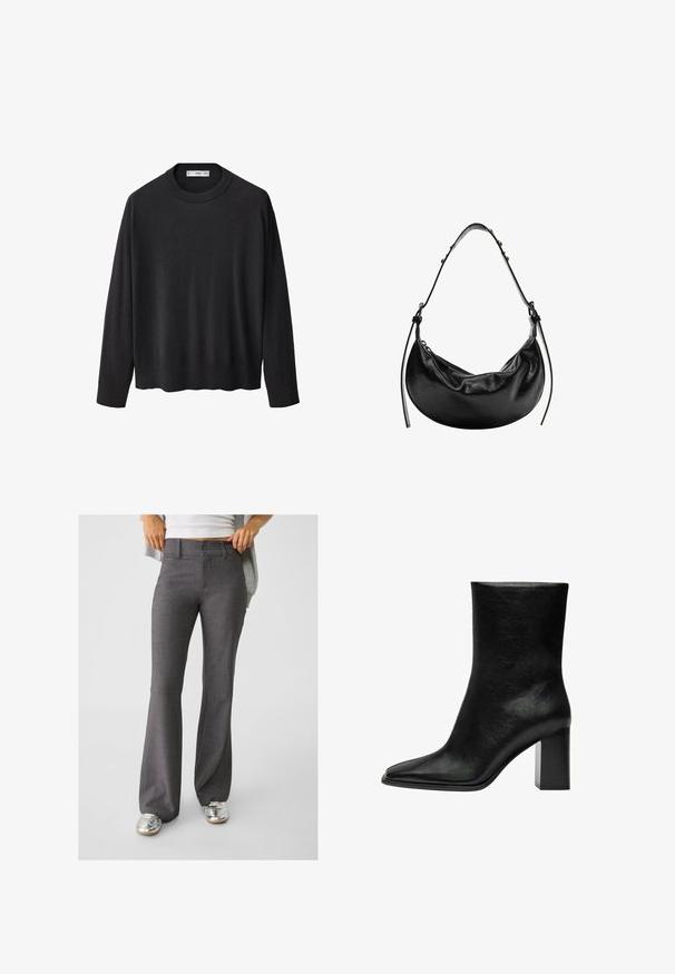Čierny pletený sveter s rebrovaným okrúhlym výstrihom, dlhými rukávmi a rovnom lemovaním. Mäkka textúra, minimalistický dizajn a univerzálny štýl.; Svetločervené rozšírené nohavice vyrobené z textúrovaného materiálu, s dvojitým zapínaním a pútkami na opasok, skombinované s lesklými striebornými teniskami.; Čierne členkové topánky z hladkej kože, s špicatou špičkou a robustným obdĺžnikovým podpätkom. Minimalistický dizajn bez ozdôb.; Čierna kožená kabelka s polkruhovým tvarom, hladkou textúrou a nastaviteľným popruhom, so subtílnymi kovovými detailmi. Viditeľné zapínanie na zips.