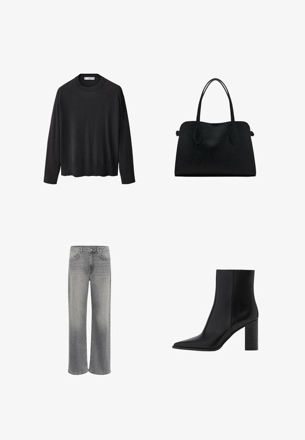 Crna pletena jakna s rebrastim okruglim izrezom, dugim rukavima i ravnim rubom. Mekana tekstura, minimalistički dizajn i svestran stil.; Široke traperice od sive denim tkanine, s visokim strukom, pet džepova, prednjim zatvaranjem na dugme i suptilnim izbljeđivanjem na tkanini.; Crne kožne čizme do gležnja s izduženim nožnim prstom, kvadratnim potplatom, glatkom teksturom i detaljima šavova duž šavova. Potpetice su visoke približno 8,9 centimetara.; Crna kožna torba s dvostrukim naramenicama, pravokutnog oblika i minimalističkim dizajnom na bijeloj pozadini.