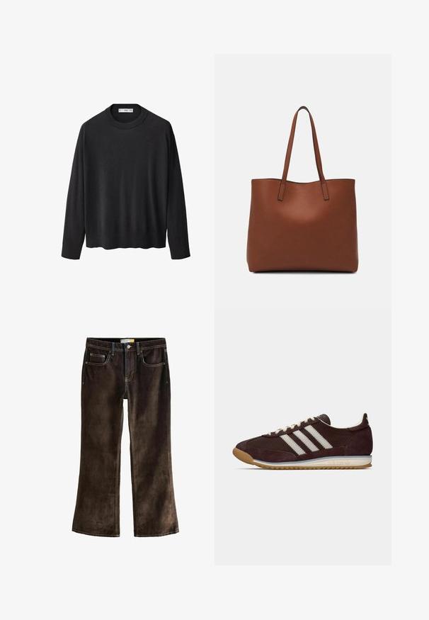 Černý pletený svetr s vroubkovaným kulatým výstřihem, dlouhými rukávy a rovnými lemy. Měkká textura, minimalistický design a univerzální styl.; Hnědé kordové jeansy bootcut s kontrastním žlutým prošíváním, pěti kapsami a knoflíkovým zapínáním v pase.; Nízkoprofilová temně burgundská teniska Adidas s bílými pruhy, smetanovými tkaničkami a gumovou podrážkou, boční pohled na jednobarevném pozadí.; Hnědá kožená taška přes rameno s hladkou texturou, otevřeným designem a dvěma ramenními popruhy. Obsahuje minimální švy a žádné viditelné kovové prvky.