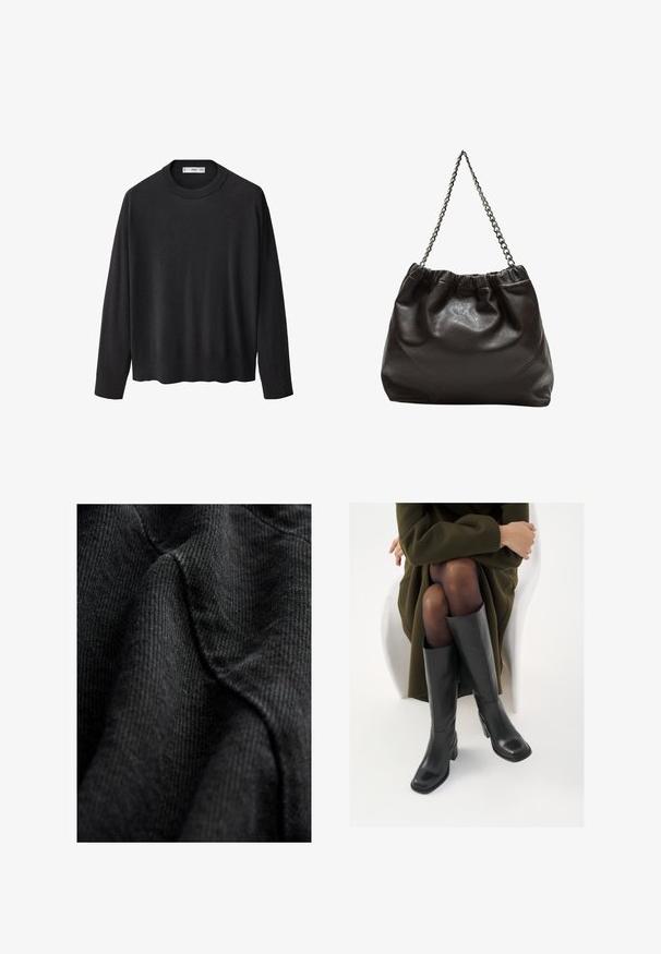 Črna pletena jopica z rebrastim ovratnikom, dolgimi rokavi in ravnim robom. Mehka tekstura, minimalistična zasnova in vsestranski slog.; Črna teksturirana tkanina z tkanim vzorcem, ki prikazuje mehke, gladke linije in rahlo sijaj, nabrana tako, da poudari konture in globino.; Črne usnjene čevlje do kolen s kvadratnim prstom in blok peto, prikazani na modelu, ki sedi v olivno zeleni plašču. Gladka tekstura, minimalne podrobnosti.; Rjava usnjena torba z nabranim vrhom in verižnim trakom. Gladka tekstura z sijajno površino in subtilnimi šivi na straneh.