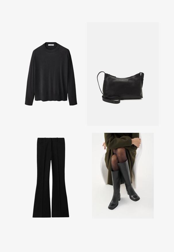 Zwarte gebreide trui met een ribbelkraag, lange mouwen en een rechte zoom. Zachte textuur, minimalistisch ontwerp en veelzijdige stijl.; Reiss GABI FLARED - Broek - black; Knieschijf hoge zwarte leren laarzen met een vierkante neus en blokhak, getoond met een model dat zit in een olijfgroene jas. Gladde textuur, minimale details.; Zwarte leren schoudertas met een gladde textuur, gebogen vorm, verstelbare schouderband en een ritsafsluiting. Minimalistisch ontwerp zonder versieringen.