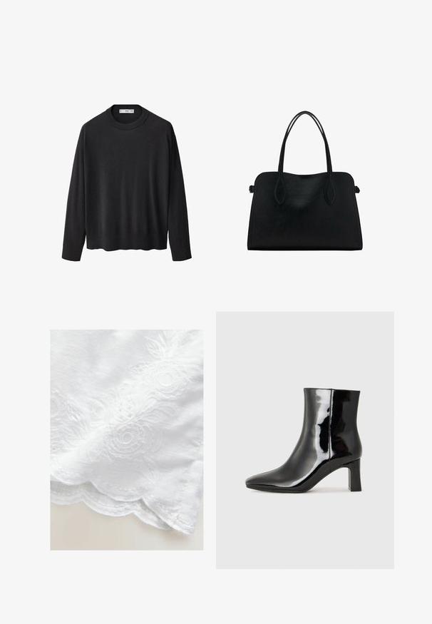 Zwarte gebreide trui met een ribbelkraag, lange mouwen en een rechte zoom. Zachte textuur, minimalistisch ontwerp en veelzijdige stijl.; Witte stof met bloemborduurwerk, met geschulpte randen. De textuur is soepel met een lichte glans. ingewikkelde details in het ontwerp.; Zwarte gepolijste leren enkellaars met een spitse neus en een blokhak van gemiddelde hoogte. Glad textuur en minimalistisch ontwerp.; Zwarte leren handtas met dubbele schouderriemen, rechthoekige vorm en minimalistisch ontwerp op een witte achtergrond.
