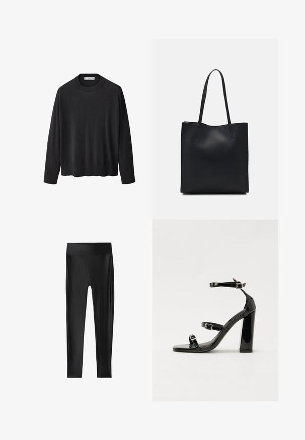 Czarny sweter dzianinowy z prążkowanym okrągłym dekoltem, długimi rękawami i prostym dołem. Miękka faktura, minimalistyczny design i wszechstronny styl.; Czarne legginsy o gładkiej, błyszczącej teksturze, z wysokim stanem i pełnej długości, bez widocznych wzorów ani akcentów.; Czarne lakierowane sandały na obcasie z kwadratowym noskiem, z paskami wokół kostki i srebrnymi klamrami. Posiadają masywny słupek dla stabilności.; Czarna skórzana torba tote o gładkiej fakturze, prostokątnym kształcie i dwóch długich uchwytach. Brak widocznych elementów metalowych i ozdób.