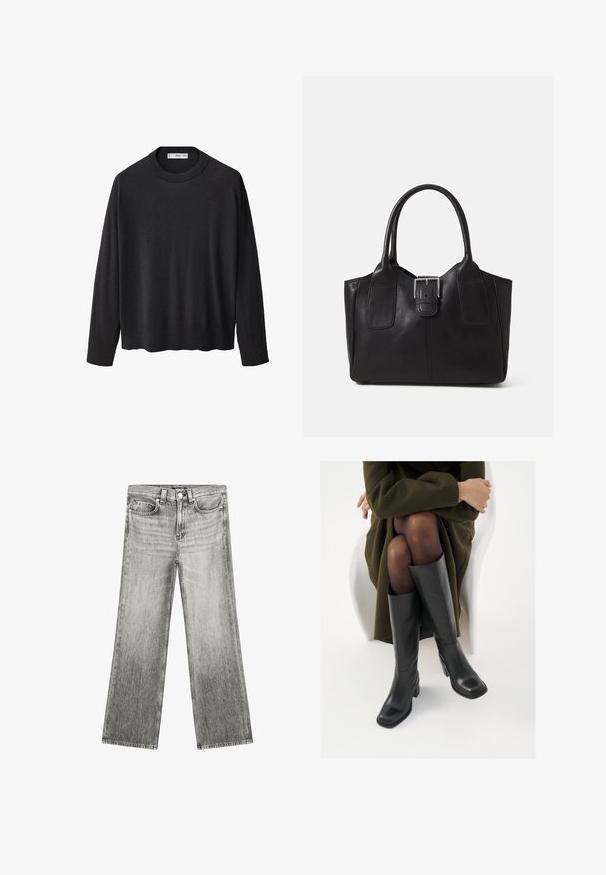 Maglione nero lavorato a maglia con scollatura a girocollo a coste, maniche lunghe e orlo dritto. Texture morbida, design minimalista e stile versatile.; Jeans grigi ampi con vita alta, dotati di cinque tasche, texture scolorita e cuciture a contrasto. Design classico in denim.; Stivali neri in pelle alti fino al ginocchio con punta squadrata e tacco a blocco, mostrati con un modello seduto in un cappotto verde oliva. Texture liscia, dettagli minimi.; Borsa tote in pelle nera con texture liscia, forma strutturata, due manici e un evidente dettaglio in fibbia argentata sul davanti.