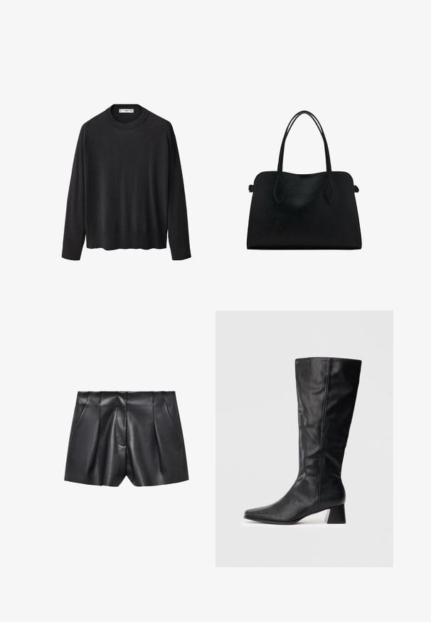 Zwarte gebreide trui met een ribbelkraag, lange mouwen en een rechte zoom. Zachte textuur, minimalistisch ontwerp en veelzijdige stijl.; Zwarte leren shorts met een gladde textuur, voorzien van een geplooid ontwerp, twee zijzakken en een maatwerk snit.; Zwarte leren laars tot halverwege het kalf met spitse neus en blokhak op een plain lichte achtergrond.; Zwarte leren handtas met dubbele schouderriemen, rechthoekige vorm en minimalistisch ontwerp op een witte achtergrond.