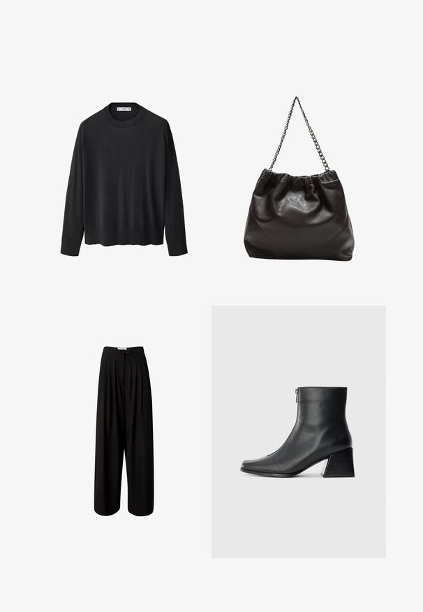 Schwarzer Strickpullover mit geripptem Rundhalsausschnitt, langen Ärmeln und geradem Saum. Weicher Textur, minimalistisches Design und vielseitiger Stil.; EDITED BUNDFALTEN SANDY - Stoffhose - schwarz; Schwarze Lederstiefelette mit quadrater Zehenform, seitlichem Reißverschluss und Blockabsatz vor einem schlichten hellen Hintergrund.; Braune Lederhandtasche mit gerafftem Oberteil und Kettenriemen. Glatte Textur mit glänzendem Finish und subtilen Nahtdetails an den Seiten.