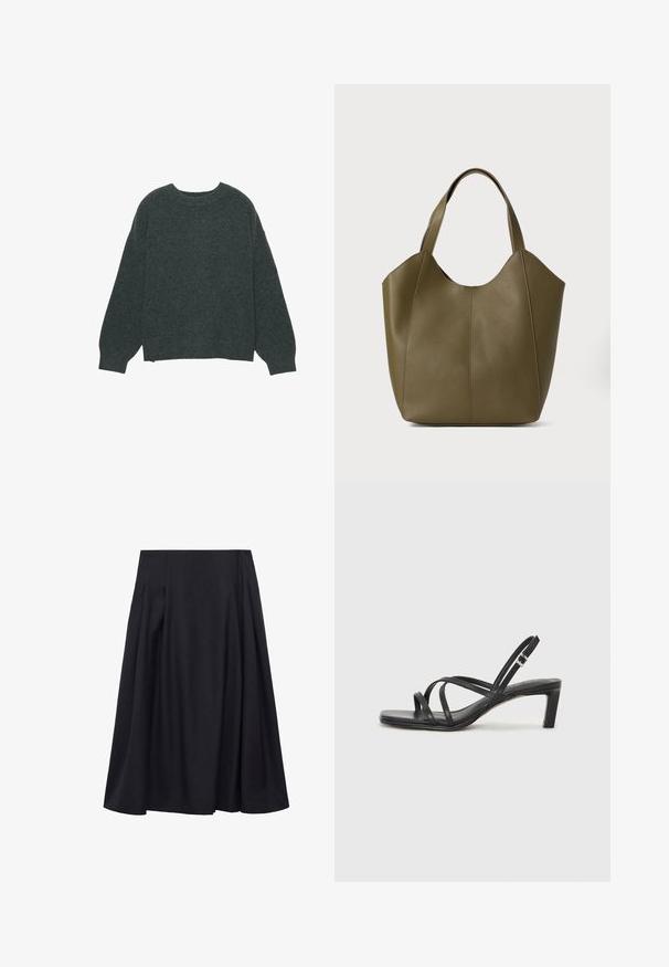 Tamnosivi džemper okruglog vrata s dugim rukavima. Izrađen od mekanog, teksturiranog tkanja. Ima opušteni kroj i rebraste detalje na izrezu i manžetama.; Mango THAI - Suknja A kroja - blue; Crne sandale s trakama, kvadratnim prstom i niskom blok petom. Ima više tankih trakica i podesivu trakicu oko gležnja. Izrađene su od glatke kože.; Torbica u maslinastoj koži s dvostrukim ručkama, glatke teksture i dizajnom od četiri panela. Ojačane šavove duž šavova za dugotrajnost.