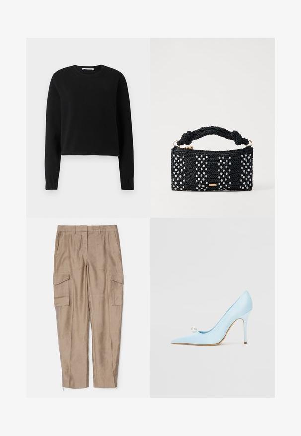 Sort cropped sweater med lange ærmer, ribbet halsudskæring og manchetter, lavet af et blødt strikmateriale. Simpelt og sømløst design.; Beige cargo pants med en afslappet pasform, flere sidelommer og lynlåsdetaljer ved anklerne. Fremstillet af et let materiale.; GIABORGHINI Højhælede pumps - blue; Cult Gaia HERA - Håndtasker - black/pearl