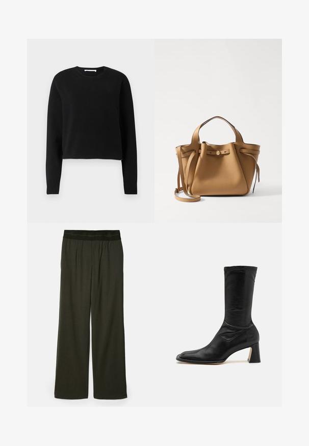 Fekete rövidített pulóver hosszú ujakkal, bordázott nyakkivágással és mandzsettával, puha kötött anyagból készült. Egyszerű és zökkenőmentes dizájn.; Sötétzöld, bő szárú nadrág sima textúrával, elasztikus derékkal és látható minták vagy díszítések nélkül.; Fekete bőr bokacsizma, illeszkedő szárakkal, hegyes orral és vastag sarokkal. Simaságával és minimális varrási részleteivel rendelkezik.; Tory Burch ROMY PEBBLED SATCHEL - Kézitáska - tiramisu