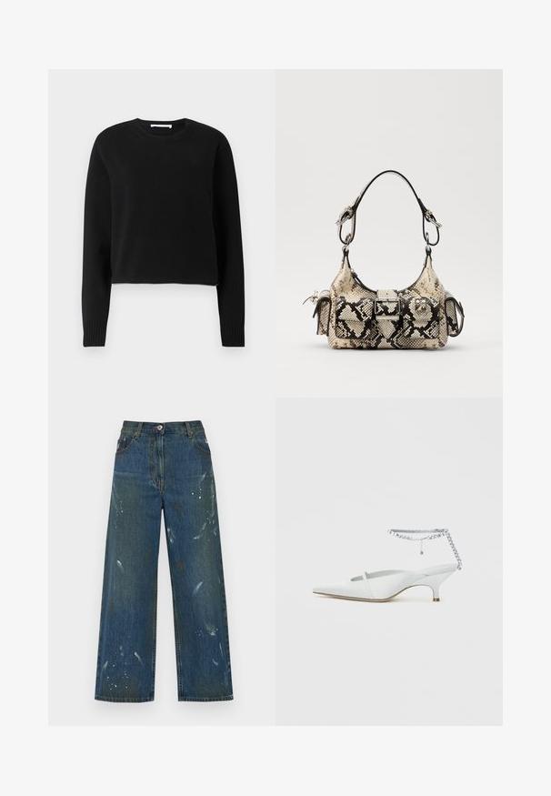 Melna īsā džemperis ar garām piedurknēm, ribotām kakla un piedurkņu malām, izgatavots no mīksta adījuma materiāla. Vienkāršs un bezšuvju dizains.; Platas kāju džinsi tumši zilos džinsu audumos, ar krāsas traipu detaļām. Klasiska piecu kabatu dizains ar pogu aizdari jostasvietā.; Balti, ar purngala formu, vidēja augstuma papēža mule ar pēdas potītes siksniņu, kas rotāta ar rhinestona detaļām uz vienkā plakana fona.; Python-print rokassoma bēšā un melnā krāsā ar strukturētu formu, sprādzi un divām plecu siksnām. Tekstūrēta virsma.