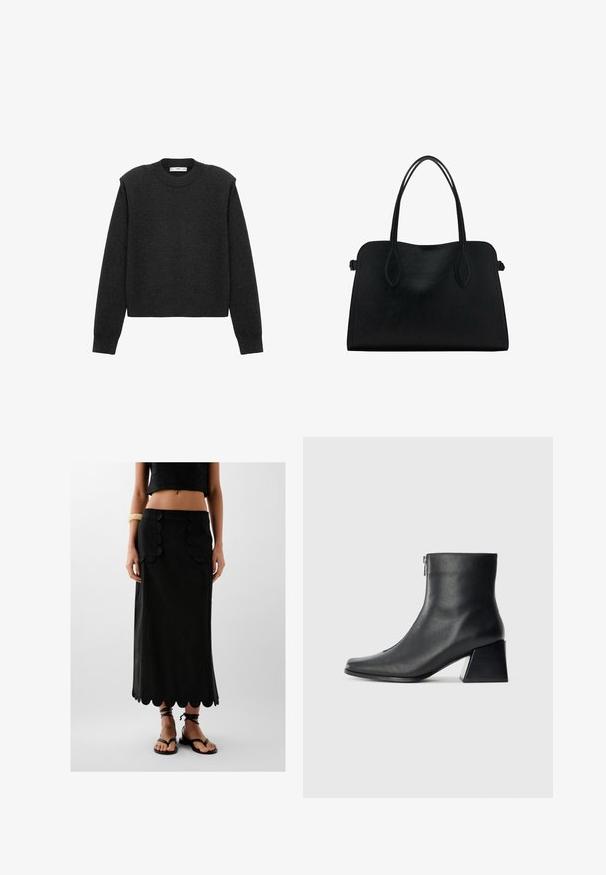 Pull en gris foncé, court, avec des manches longues, un col rond et une finition texturée. Design simple sans motifs ni embellissements.; Jupe en lin noire avec un ourlet en forme de feston et deux poches ornées d'accents en forme de feston ; associée à des sandales plates noires.; Bottine en cuir noir avec un bout carré, fermeture éclair sur le côté et talon bloc sur fond clair uni.; Sac à main en cuir noir avec deux anses, de forme rectangulaire et au design minimaliste sur un fond blanc.
