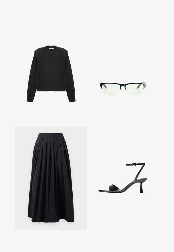 Temno siva, skrajšana puloverja z dolgimi rokavi, okroglim ovratnikom in teksturirano površino. Preprost dizajn brez vzorcev ali okrasitev.; Črna krilna dolžina do kolen, izdelana iz lahkega materiala, s širokim gubanem pasom in nabrano zasnovo, ki omogoča polno silhueto.; Bershka Sandali z visoko peto - black; Črne pravokotne očala z prozornimi lečami, ki imajo elegantne črne okvirje in siva prozorna ročaja. Minimalistična zasnova, brez vidne blagovne znamke.; Svetlo siva usnjena torbica s ukrivljeno obliko, zlato kovinsko dodatki, sprednji sponka in šivani detajli. Vključena nastavljiva naramnica.