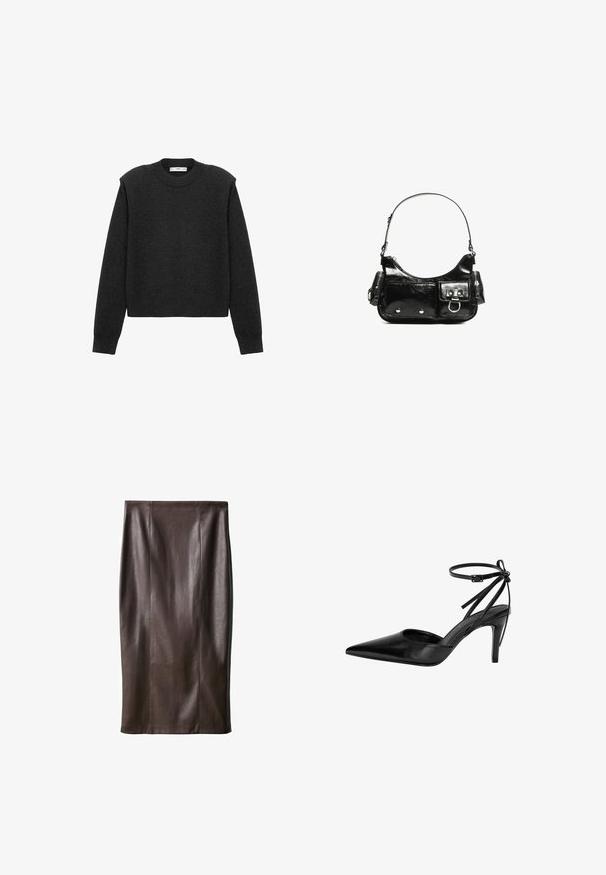 Tmavo šedý, skrátený sveter s dlhými rukávmi, okrúhlym výstrihom a textúrovaným povrchom. Jednoduchý dizajn bez vzorov alebo ozdôb.; Hnedá kožená sukňa na ceruzku s hladkou textúrou, po kolená, s vertikálnymi švami pre dizajn. Bez ďalších kovových prvkov alebo akcentov.; Čierna vysoká podpätková topánka s ostrou špičkou, vyrezávaným dizajnom a nastaviteľným pásikom okolo členka. Topánka má hladký, lesklý povrch a štíhle podpätky.; Čierna laková kožená kabelka s ohnutým tvarom, jedným ramenným popruhom, prednými vreckami a striebornými kovovými doplnkami.