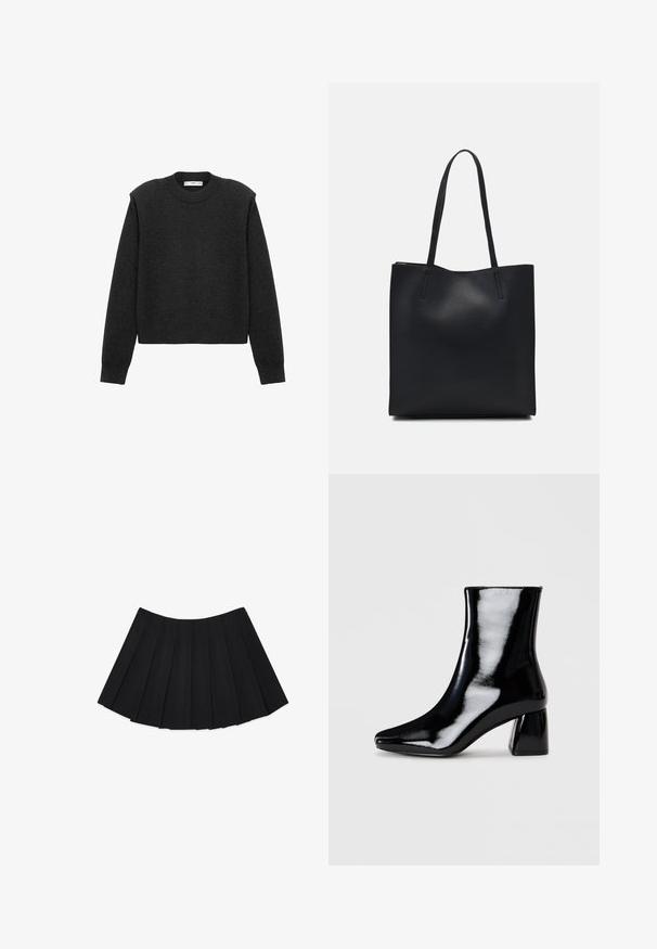 Donkergrijze, cropped trui met lange mouwen, een ronde halslijn en een gestructureerde afwerking. Eenvoudig ontwerp zonder patronen of versieringen.; Zwarte geplooide rok met meerdere verticale plooien, een gladde textuur en een ronde zoomlijn, ontworpen met een verborgen zijrits.; Zwarte enkellaars van lakleer met een puntige neus en een robuuste rechthoekige hak, met een glanzend oppervlak en een gladde textuur.; Zwarte leren handtas met een gladde textuur, rechthoekige vorm en twee lange handvaten. Geen zichtbare hardware of versieringen.