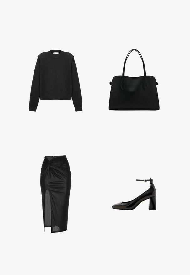 Maglione grigio scuro, corto, con maniche lunghe, scollatura rotonda e finitura texturizzata. Design semplice senza motivi o decorazioni.; Gonna nera midi realizzata in tessuto elastico, con design frontale attorcigliato, spacco laterale e chiusura con zip sul retro.; Décolleté neri in vernice con cinturino alla caviglia, finitura lucida, punta affusolata e tacco a blocco spesso. Texture liscia, dettagli minimi.; Borsa a mano in pelle nera con doppio manico, forma rettangolare e design minimalista su sfondo bianco.