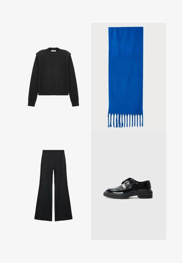 Dunkelgrauer, kurz geschnittener Pullover mit langen Ärmeln, einem runden Ausschnitt und einer strukturierten Oberfläche. Schlichte Gestaltung ohne Muster oder Verzierungen.; Schwarze weit geschnittene Hose mit glatter Textur, ausgestattet mit Frontfalten und einem taillierten Design. Der Stoff ist leicht und fließend.; Schwarze, glänzende Lederloafers mit einem silbernen Schnallenriemen und dicker Gummisohle mit Profil, seitlich auf einem weißen Hintergrund dargestellt.; Blauer gefranster Schal aus weichem Stoff; hat eine einfarbige Oberfläche mit strukturierter Textur und gleichmäßig geschnittenem Fransen am unteren Ende.