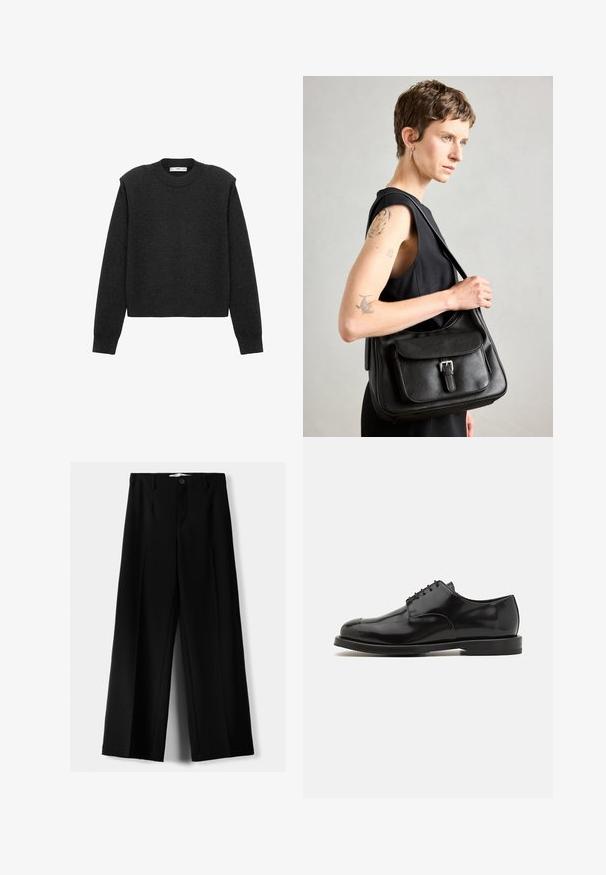 Mørkegrå, cropped sweater med lange ærmer, en rund halsudskæring og en tekstureret overflade. Simpelt design uden mønstre eller udsmykninger.; Sorte brede bukser lavet af letvægtsstof, med frontknaplukning og glat front, samt pænt syede kanter.; Sorte læderherresko med en poleret finish, rund tå, snørelukning, kontrasterende sål og minimalistiske syninger.; Sort læder skuldebag med en frontklap, spænde detaljer og en glat overflade. Har en enkelt skulderrem og et minimalistisk design.