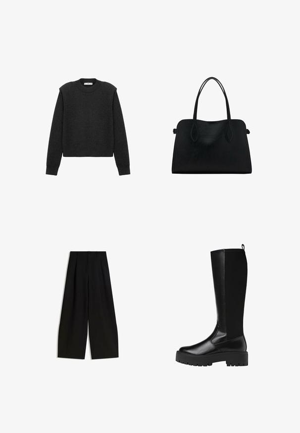 Mörkgrå, kortad tröja med långa ärmar, rundad halsringning och texturerad yta. Enkelt design utan mönster eller dekorationer.; Svarta vida byxor i mjukt tyg, med hög midja, veck framtill och utan synliga dekorationer eller mönster.; Knähöga svarta syntetiska stövlar med en slät, strukturerad yta och en kraftig gummisula. Har en dragflik bak för enkel påtagning.; Svart läderhandväska med dubbla axelremmar, rektangulär form och minimalistisk design på vit bakgrund.