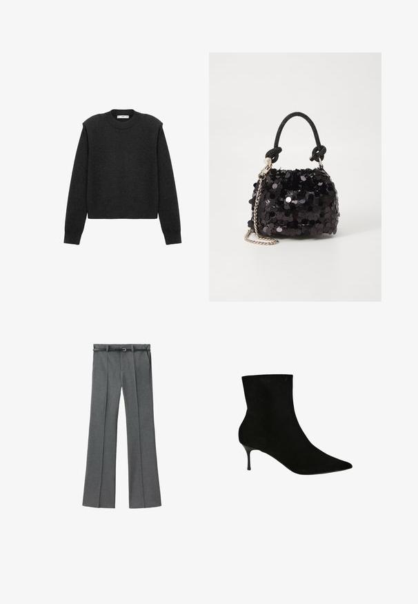 Mørkegrå, cropped sweater med lange ærmer, en rund halsudskæring og en tekstureret overflade. Simpelt design uden mønstre eller udsmykninger.; Grå skræddersyede bukser med lige ben, letvægtigt stof, bæltesløjfer og et smalt bælte med en sølvspænde.; Sort ruskindsankelstøvle med spidse tæer og en slank stilettohæl. Glat tekstur og tætsiddende silhuet, som fremhæver designet.; Sort pailette mini håndtaske med en knyttet struktureret rem og sølv kæde. Rund form med samlet top og reflekterende detaljer.