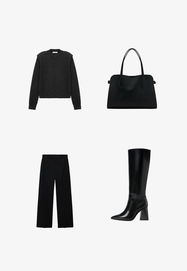Tamnosivi skraćeni džemper s dugim rukavima, okruglim izrezom i teksturiranom završnom obradom. Jednostavan dizajn bez uzoraka ili ukrasa.; Crne hlače s visokim strukom, širokih nogavica, s petljama za remen i bočnim džepovima, s prednjim zatvaračem i kopčanjem na dugme.; Crne kožne čizme do koljena s šiljastim vrhom, glatkom teksturom i debelim rebrastim potplatom za stabilnost. Moderne linije s minimalnim naglascima.; Crna kožna torba s dvostrukim naramenicama, pravokutnog oblika i minimalističkim dizajnom na bijeloj pozadini.
