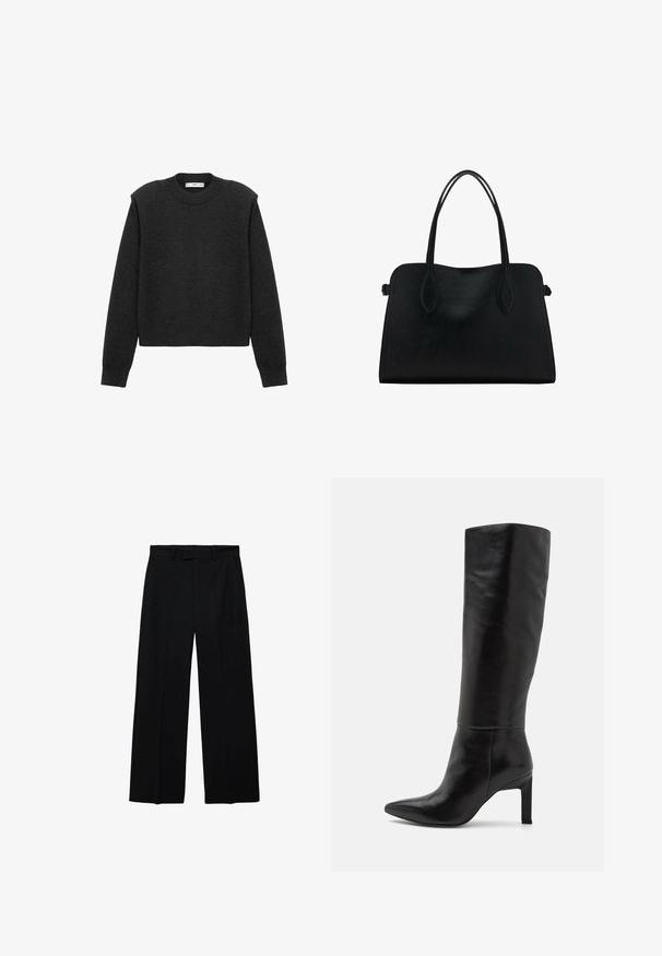 Tamnosivi skraćeni džemper s dugim rukavima, okruglim izrezom i teksturiranom završnom obradom. Jednostavan dizajn bez uzoraka ili ukrasa.; Crne hlače s visokim strukom, širokih nogavica, s petljama za remen i bočnim džepovima, s prednjim zatvaračem i kopčanjem na dugme.; Čizme od crne kože do koljena s visokom potpeticom i oštrim vrhom. Potpetica je u obliku bloka, što dodaje stabilnost dizajnu.; Crna kožna torba s dvostrukim naramenicama, pravokutnog oblika i minimalističkim dizajnom na bijeloj pozadini.