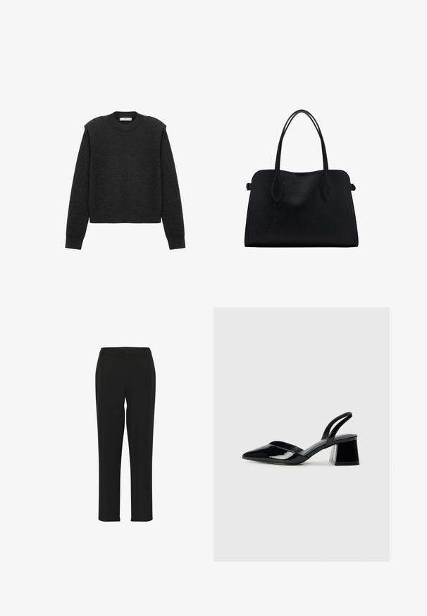 Tummanharmaa, lyhennetty villapaita pitkillä hihuilla, pyöreällä pääntiellä ja tekstuuripinnalla. Yksinkertainen muotoilu ilman kuvioita tai koristeita.; Mustat housut, joissa on suora lahje, sileä pinnan rakenne, istuva vyötärö ja ilman näkyviä koristeita tai kuvioita.; Mustat patentoitu nahkakengät, joissa on säären takaosa ja terävä kärki, sekä geometrinen palikkakorko. Sisältää tyylikkään, minimalistisen muotoilun ja sileän pinnan.; Mustavihreä nahkalaukku, jossa on kaksinkertaiset olkahihnat, suorakaiteen muotoinen ja minimalistinen muotoilu valkoisella taustalla.