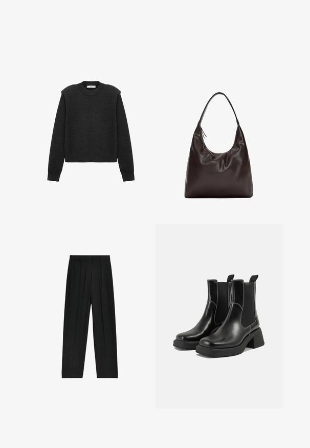 Maglione grigio scuro, corto, con maniche lunghe, scollatura rotonda e finitura texturizzata. Design semplice senza motivi o decorazioni.; Pantaloni neri a vita alta con design a gamba dritta, caratterizzati da pinces e tasche laterali, realizzati in un tessuto leggero.; Stivali Chelsea in pelle nera con tacco spesso, pannelli elasticizzati sui lati e cuciture bianche a contrasto. Finitura testurizzata.; Borsa a spalla in pelle marrone con un design morbido e slouchy. La borsa presenta una tracolla ampia e una forma minimalistica, completata da una texture sottile.