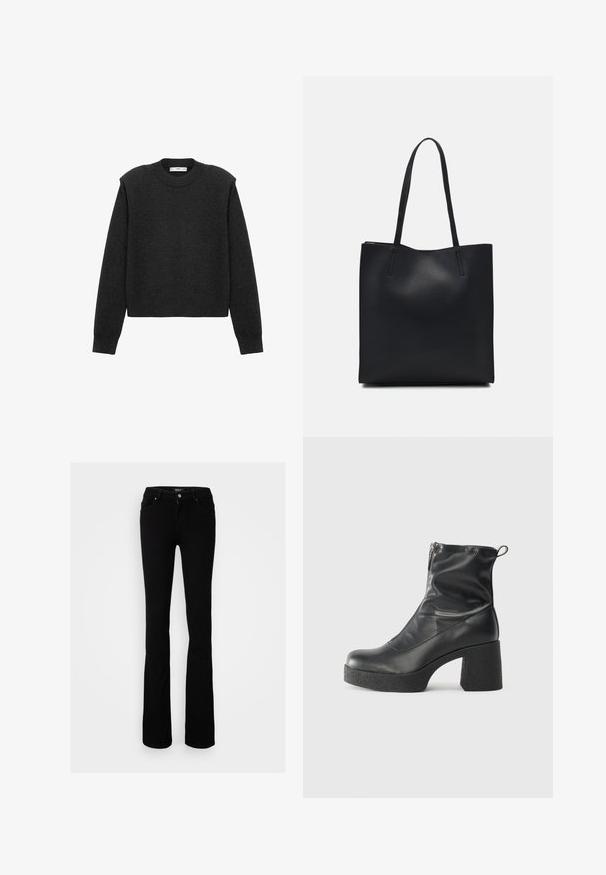Dunkelgrauer, kurz geschnittener Pullover mit langen Ärmeln, einem runden Ausschnitt und einer strukturierten Oberfläche. Schlichte Gestaltung ohne Muster oder Verzierungen.; Schwarze Stretch-Denim mit Schlag, featuring einen Knopfverschluss, vier Taschen und einer glatten Textur, entworfen für eine enganliegende Silhouette.; Schwarze Stiefeletten aus glattem Leder mit seitlichem Reißverschluss, klobigem strukturiertem Absatz und runder Zehenform.; Schwarze Laptoptasche aus Leder mit glatter Textur, rechteckiger Form und zwei langen Griffen. Keine sichtbaren Beschläge oder Verzierungen.