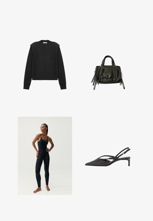 Mörkgrå, kortad tröja med långa ärmar, rundad halsringning och texturerad yta. Enkelt design utan mönster eller dekorationer.; Svart tanktop med tunna band och texturerad design, matchad med högmidjade svarta leggings med små utskärningar.; Svart läderslingback med spetsig tå, slanka ankelremmar och låg stilettklack. Slät textur med minimalistisk design.; Svart läderhandväska med flätade handtag, dragkedjefack och hängande pom poms. Texturerad yta med metallnitar och hårdvaruaccenter.