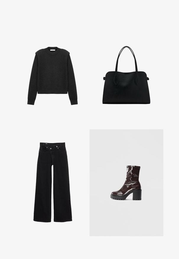 Donkergrijze, cropped trui met lange mouwen, een ronde halslijn en een gestructureerde afwerking. Eenvoudig ontwerp zonder patronen of versieringen.; Zwarte hoge taille wijde jeans met voorzakken, riemlussen en een dubbele knoopsluiting.; Glanzende bordeauxrode enkelboot met een chunky zwarte hak, met een gladde textuur en een eenvoudig ontwerp. Geen zichtbare sluitingen of patronen.; Zwarte leren handtas met dubbele schouderriemen, rechthoekige vorm en minimalistisch ontwerp op een witte achtergrond.